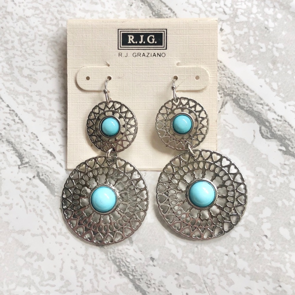Silver medallion style earrings with turquoise blue color beads